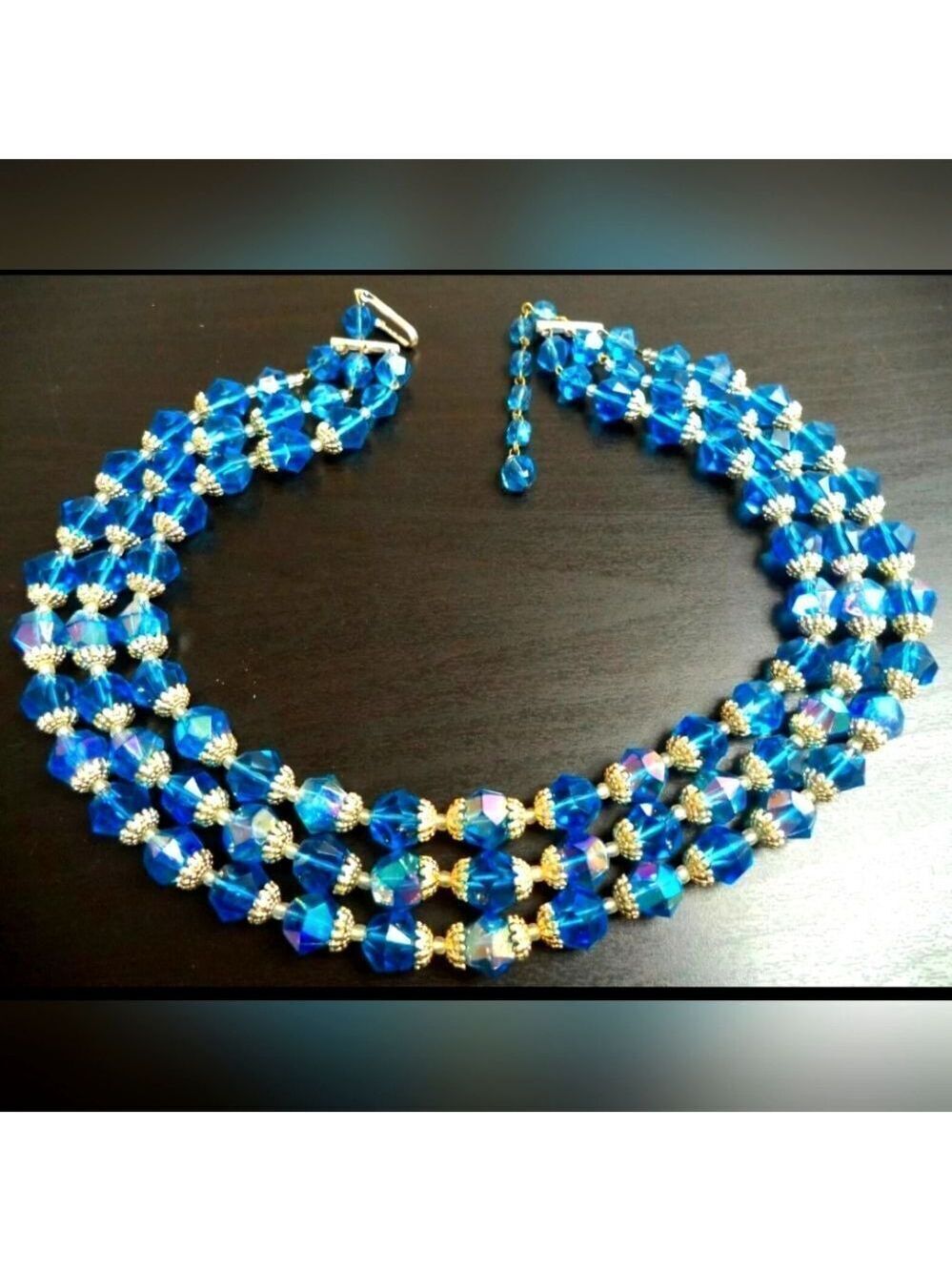 West Germany Women’s Necklace Gold Tone Blue AB Beaded Multistrand Chunky 18.5”